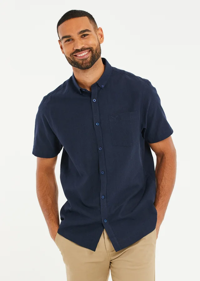 Threadbare Navy Dragon Cotton-Linen Blend Short-Sleeve Shirt