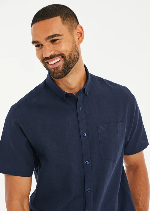 Threadbare Navy Dragon Cotton-Linen Blend Short-Sleeve Shirt - S Image 4