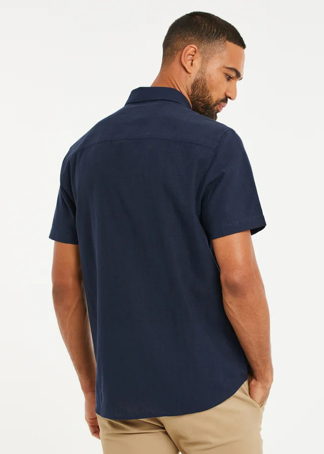Threadbare Navy Dragon Cotton-Linen Blend Short-Sleeve Shirt