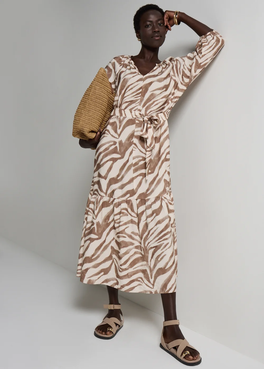 Brown Zeba Print Belted Midaxi Dress - 8 Image 1