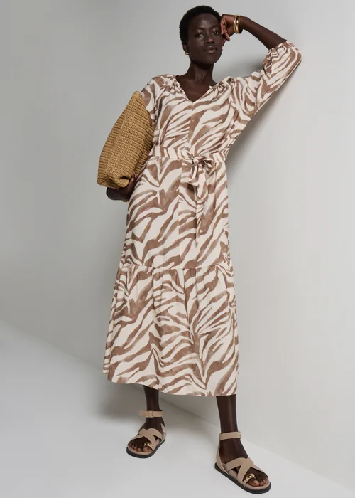 Brown Zeba Print Belted Midaxi Dress - 8 Image 1