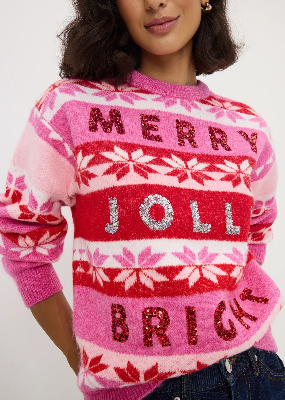 Pink Merry Jolly & Bright Christmas Jumper - XS Image 2
