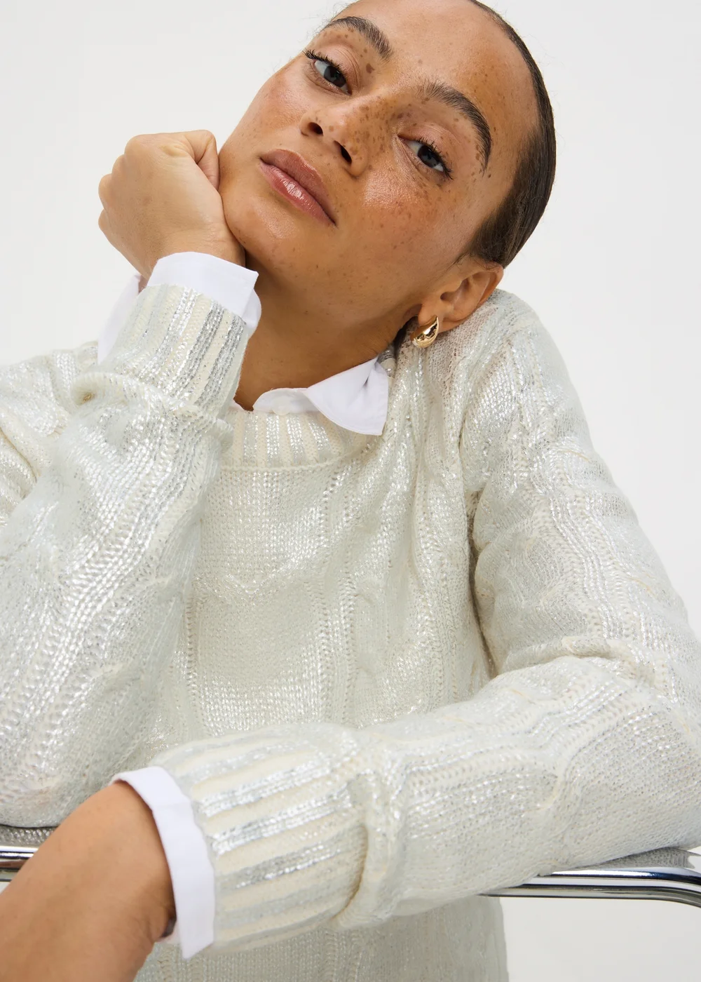 Cream Cable Foil Knit Jumper - S Image 3