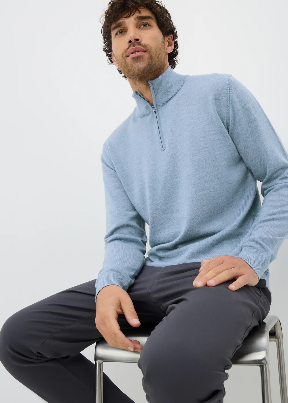 Light Blue Merino Wool 1/4 Zip Jumper - S Image 1