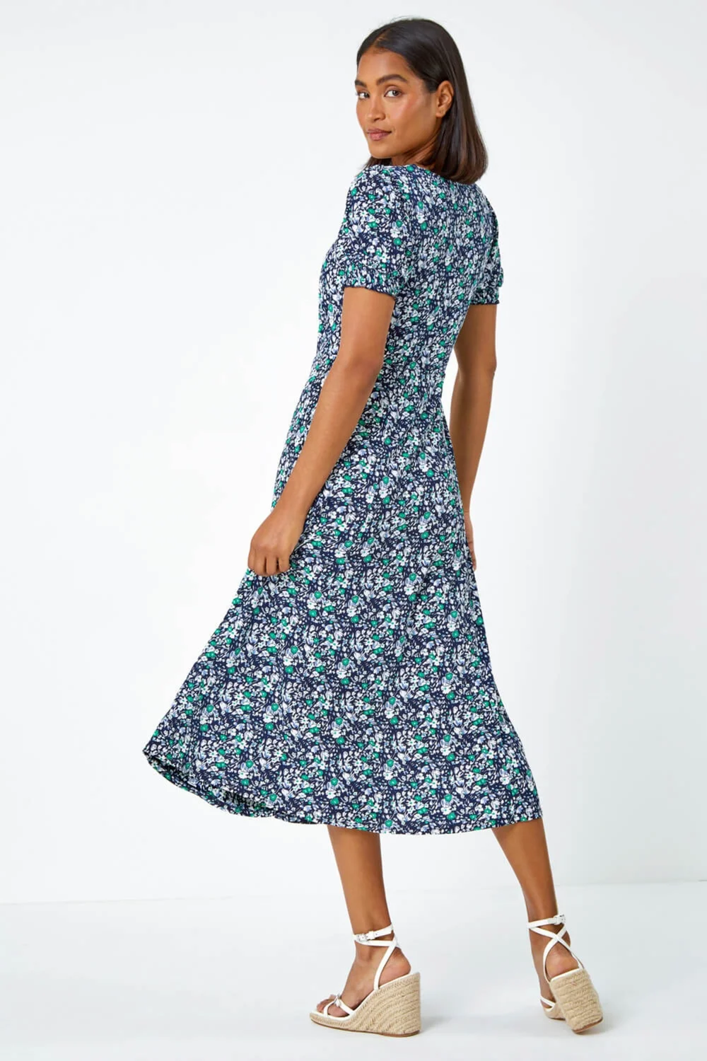 Roman Green Ditsy Floral Ruched Stretch Midi Dress - 20 | Matalan Roman Green Ditsy Floral Ruched Stretch Midi Dress - 20 | Matalan