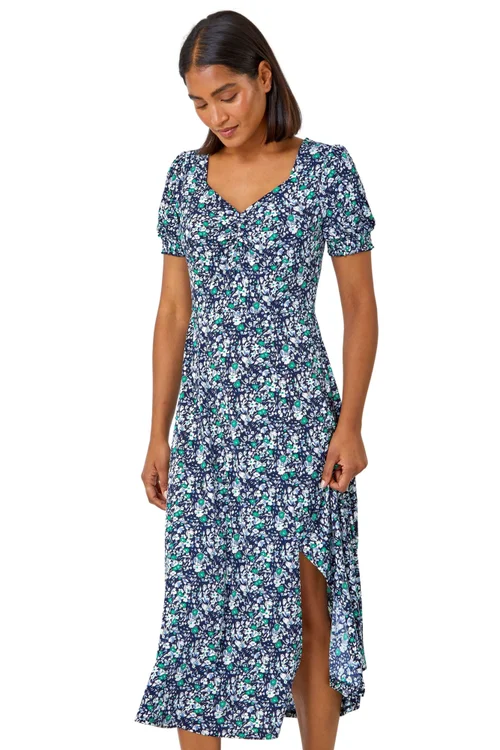 Roman Green Ditsy Floral Ruched Stretch Midi Dress - 20 | Matalan Roman Green Ditsy Floral Ruched Stretch Midi Dress - 20 | Matalan