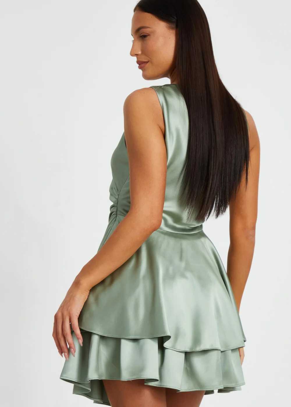 Quiz Green Satin Tiered Skater Dress - 6 | Matalan Quiz Green Satin Tiered Skater Dress - 6 | Matalan
