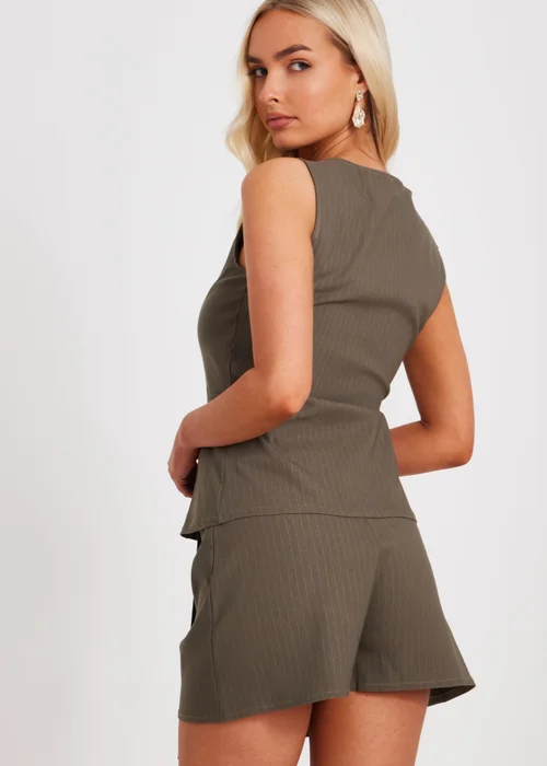 Quiz Khaki Pinstripe Button Front Waistcoat - 6 Image 2