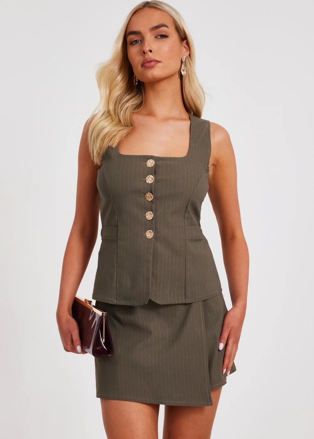 Quiz Khaki Pinstripe Button Front Waistcoat - 6 Image 1