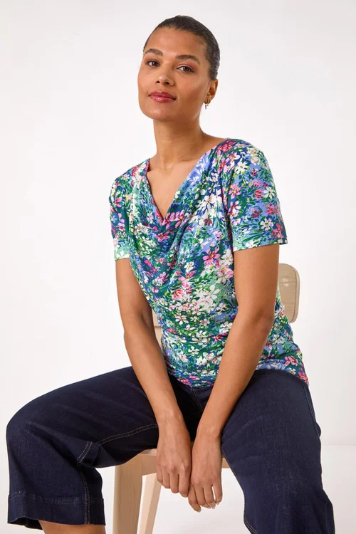 Roman Navy Floral Print Cowl Neck Stretch Top - 18 Image 3