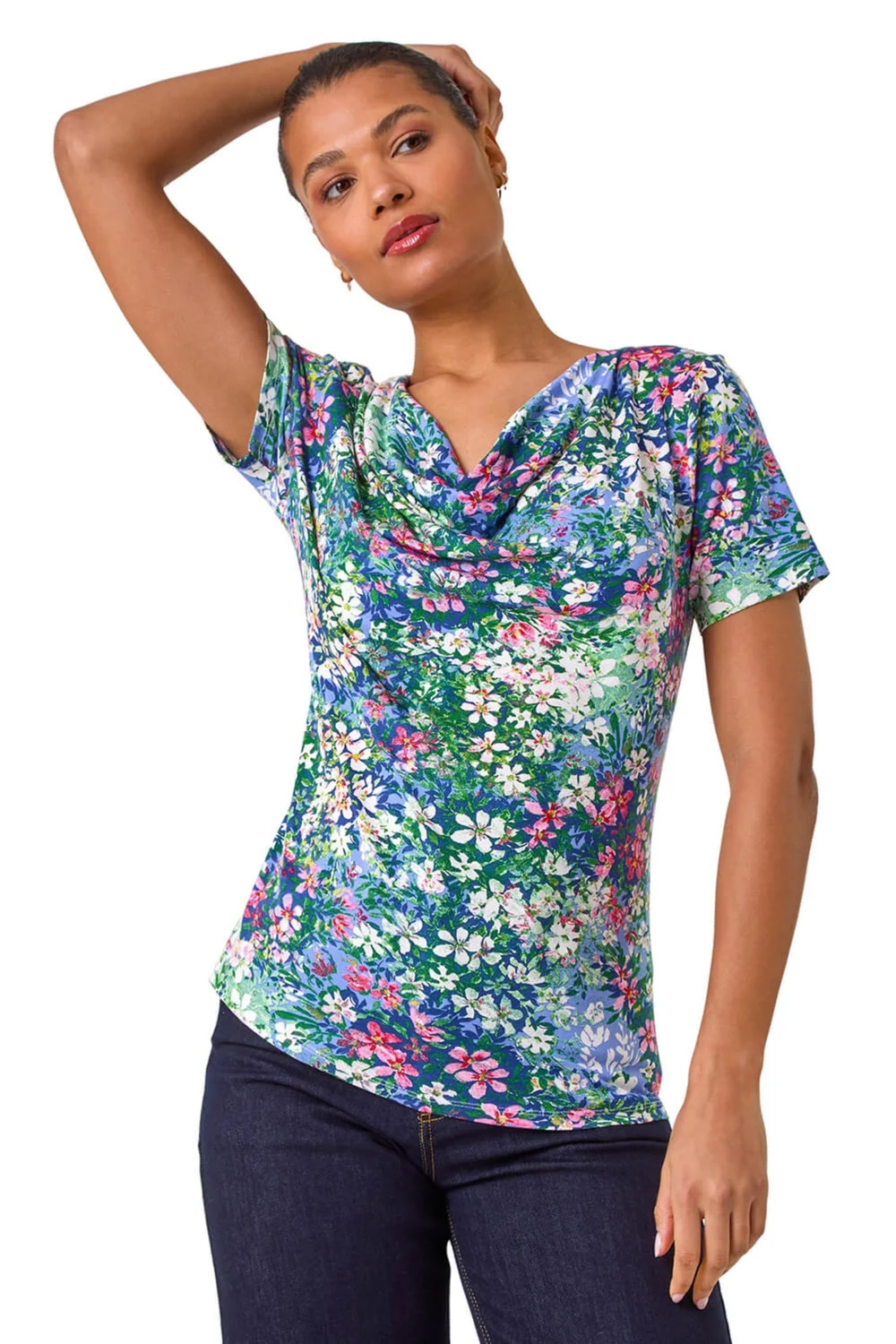 Roman Navy Floral Print Cowl Neck Stretch Top - 18 Image 1