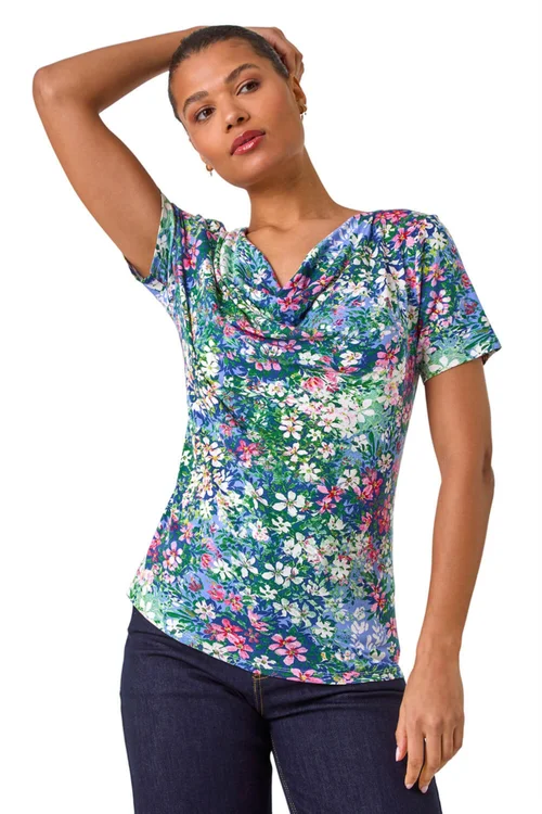 Roman Navy Floral Print Cowl Neck Stretch Top - 18 Image 1