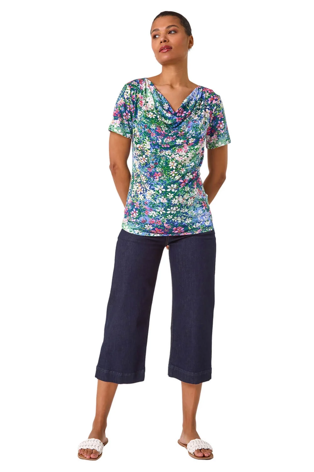 Roman Navy Floral Print Cowl Neck Stretch Top - 18 Image 2