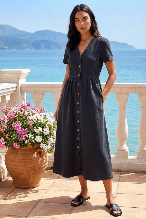 Roman Black Denim Button Through Midi Dress - 16 Image 1