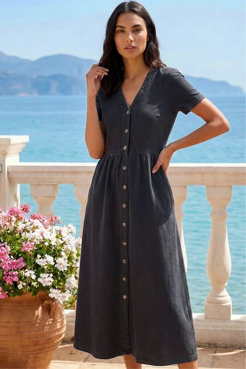 Roman Black Denim Button Through Midi Dress - 16 Image 2