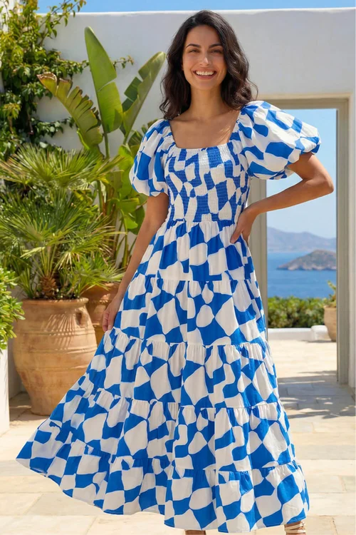 Dusk Blue Geo Print Tiered Dress - 10 Image 2