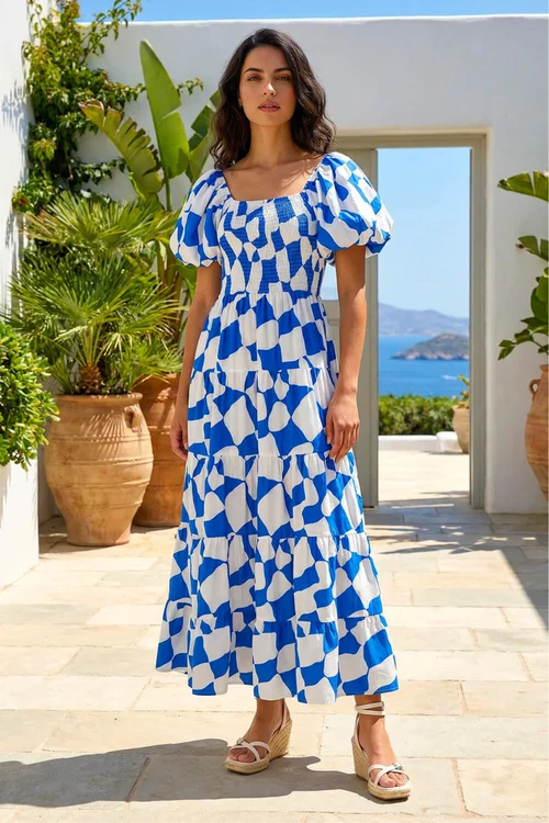 Dusk Blue Geo Print Tiered Dress - 10 Image 1