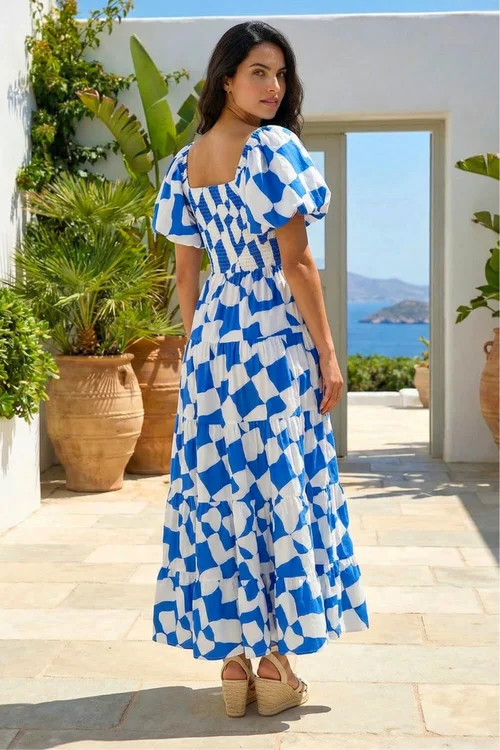 Dusk Blue Geo Print Tiered Dress - 10 Image 3