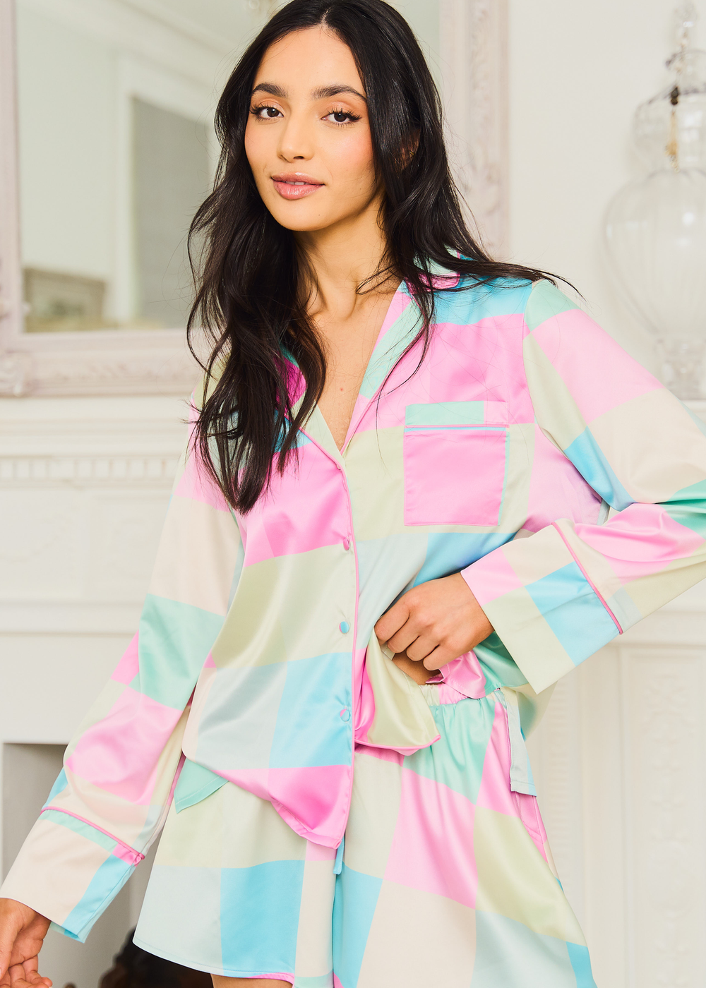 JimJam Multi Satin Revere Short Set with Check Print - Small Image 2
