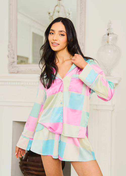 JimJam Multi Satin Revere Short Set with Check Print - Small Image 1