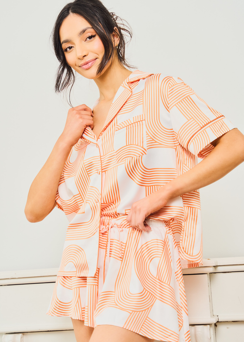 JimJam Orange Satin Revere Short Set with Paintstroke Print - S Image 2