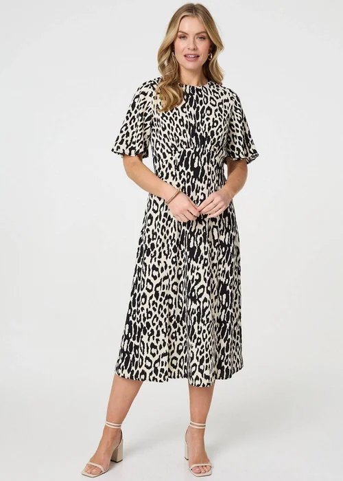 Izabel London Black Animal Print Flare Midi Dress - 10 Image 1