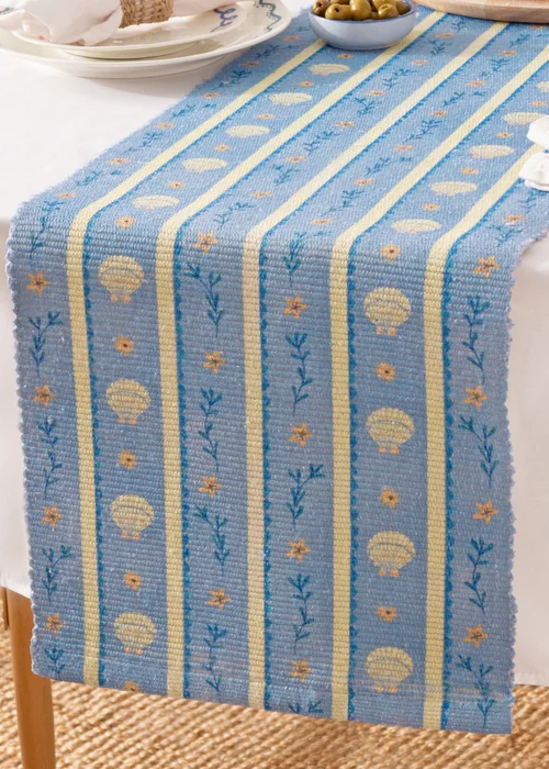 furn. Blue Sea Shells Indoor/Outdoor Table Runner - 180x35cm Image 1