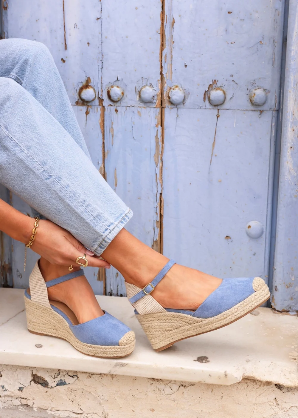 Linzi Present Blue Faux Suede Closed Toe And Open Back Espadrille Wedge - 3 Image 1