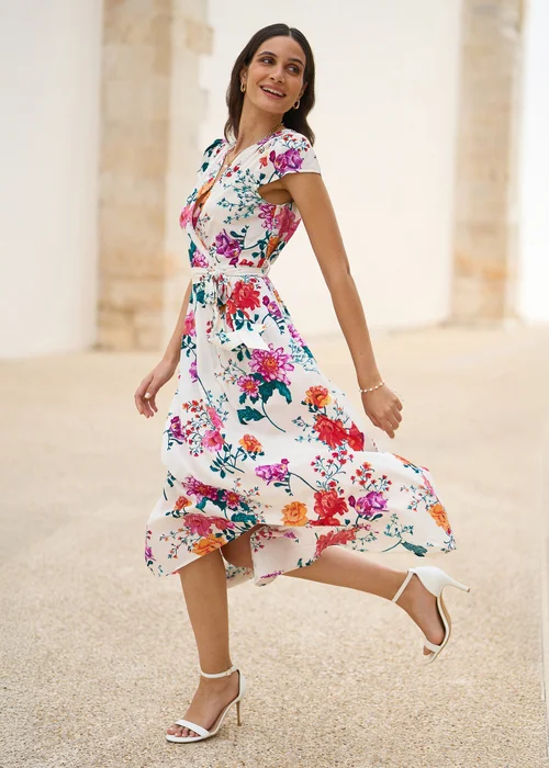 Yumi Ivory Flower Print Wrap Midi Dress - 8 Image 2