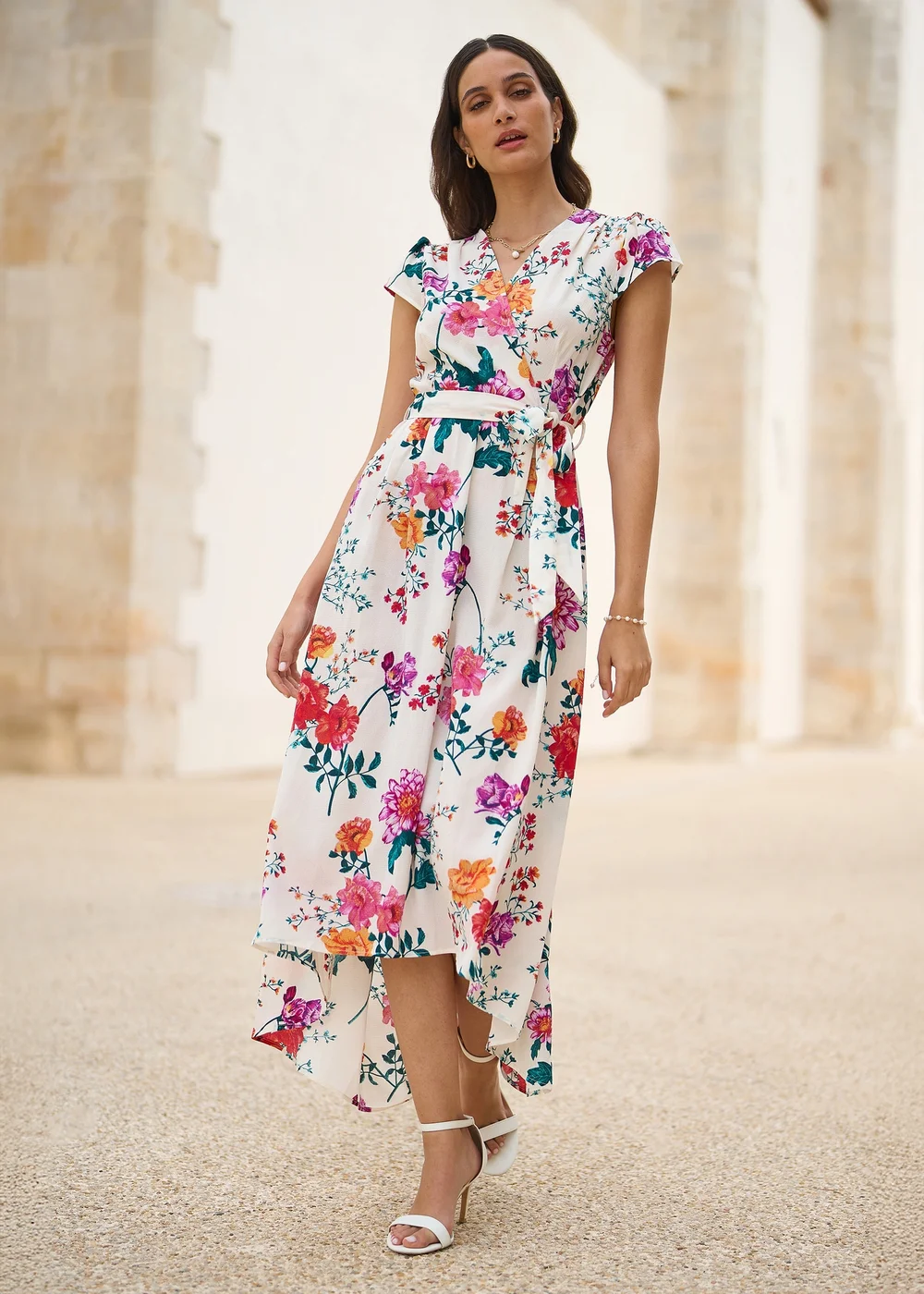 Yumi Ivory Flower Print Wrap Midi Dress - 8 Image 1
