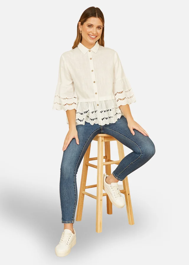 Yumi White Linen Relaxed Shirt With Scallop Trims