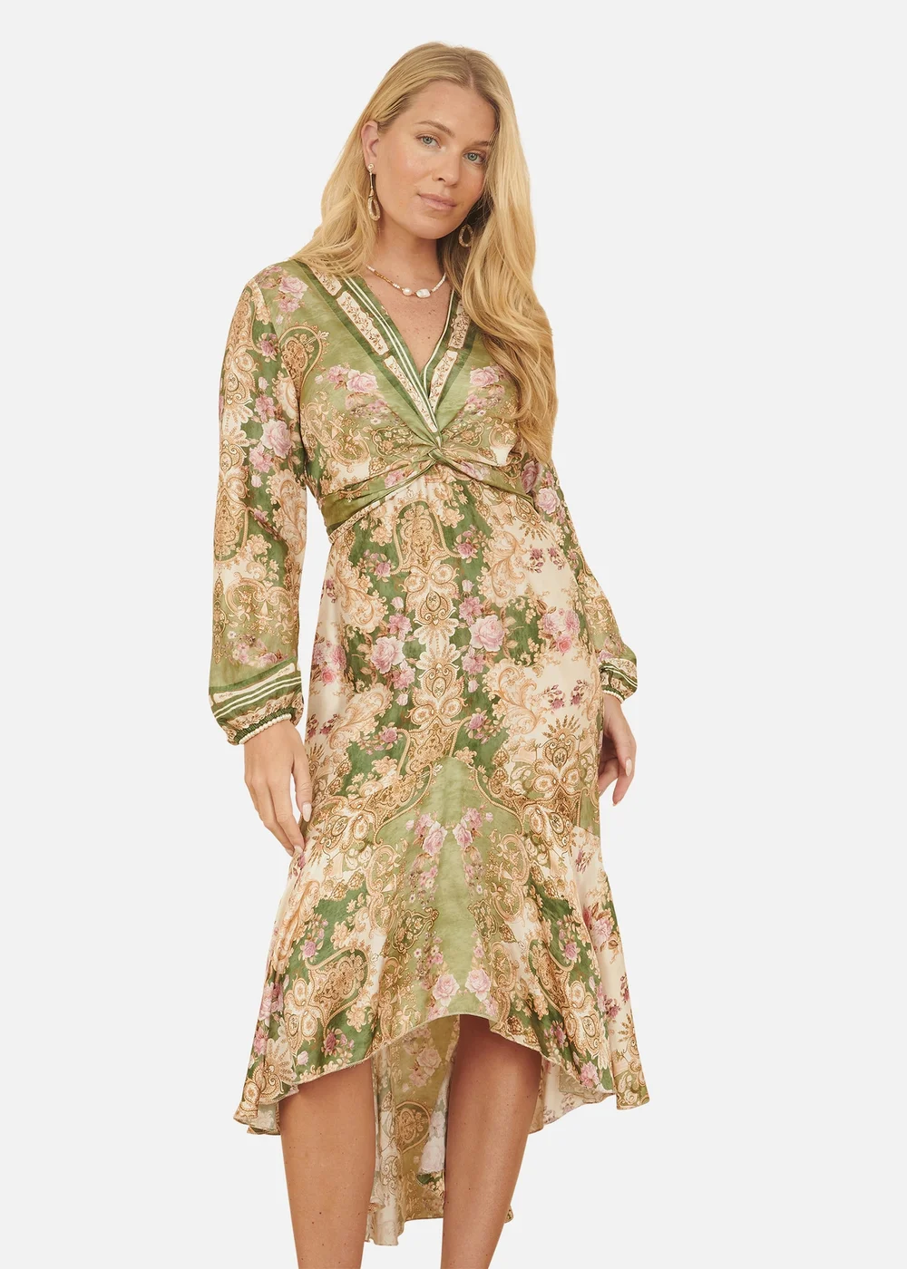 Yumi Green Viscose Scarf Print Tie Front Midi Dress With Dip Hem - 14 | Matalan Yumi Green Viscose Scarf Print Tie Front Midi Dress With Dip Hem - 14 | Matalan