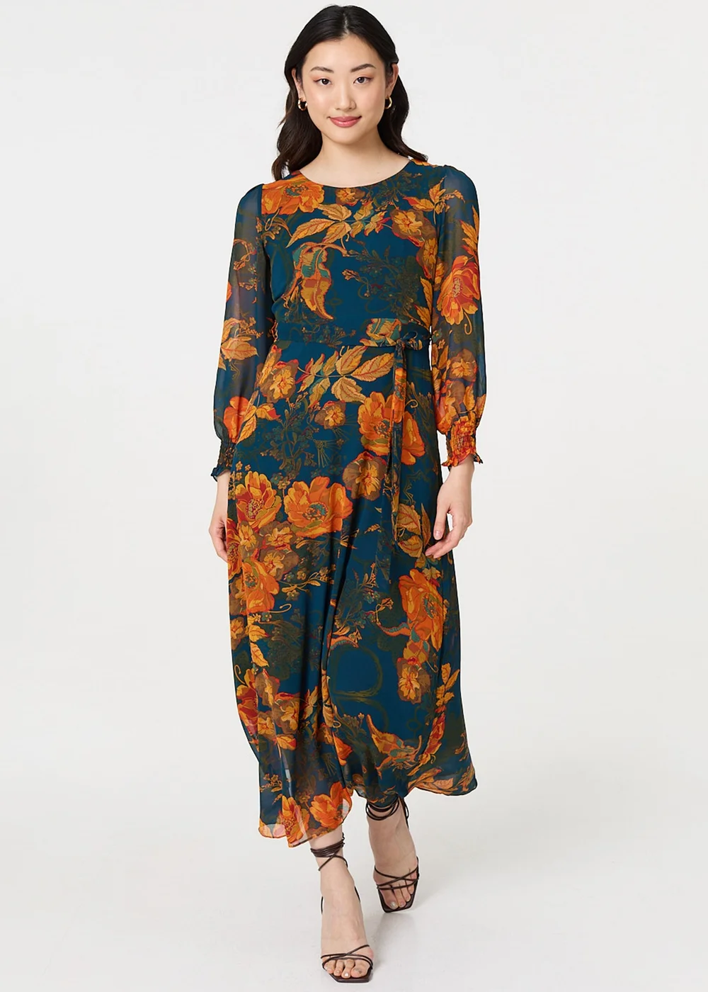 Izabel London Orange Floral Semi Sheer Tie Waist Maxi Dress - 14 | Matalan Izabel London Orange Floral Semi Sheer Tie Waist Maxi Dress - 14 | Matalan