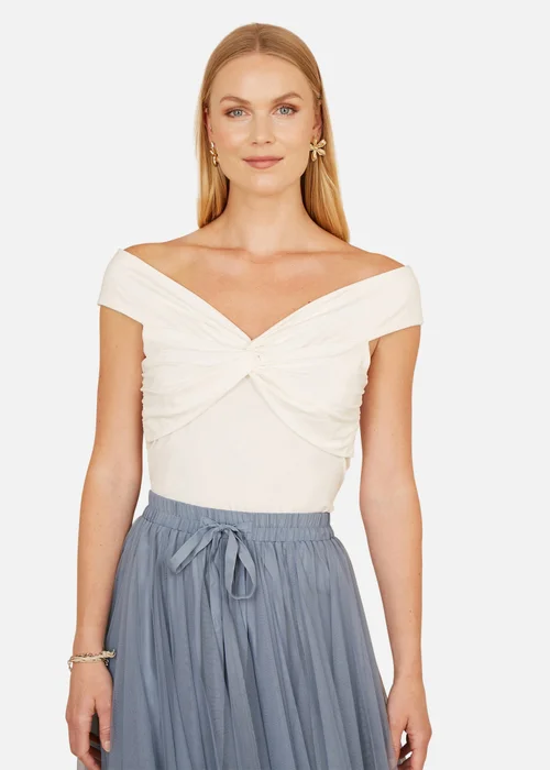 Yumi White Jersey Cotton Bardot Top With Knot Detail - 10 Image 1