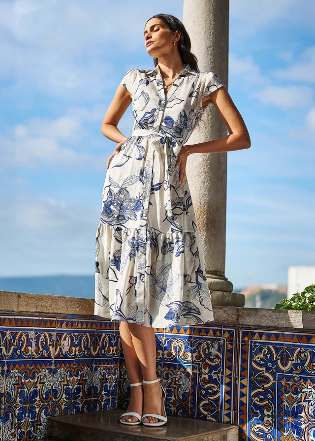 Yumi Ivory Abstract Floral Midi Shirt Dress