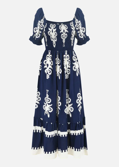 Yumi Navy Block Print Viscose Ruched Midi Dress - 10 Image 3