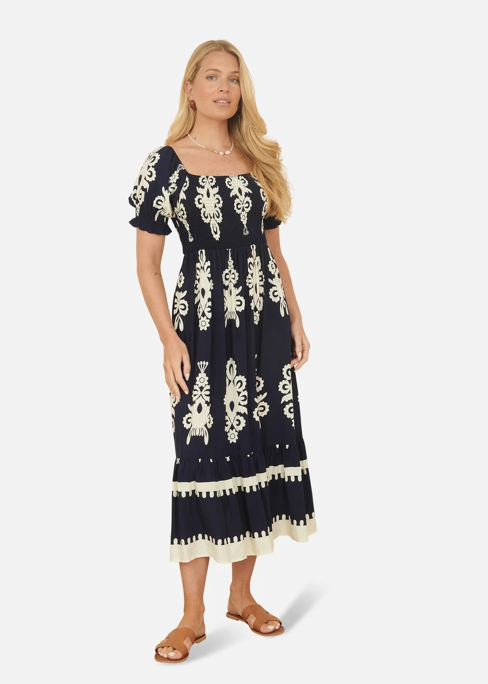 Yumi Navy Block Print Viscose Ruched Midi Dress - 10 Image 1