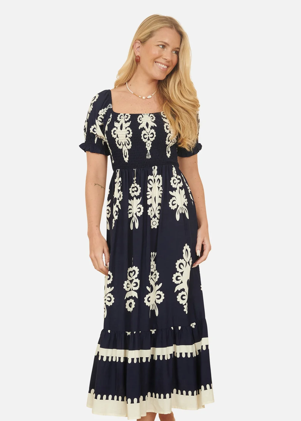 Yumi Navy Block Print Viscose Ruched Midi Dress - 10 Image 2
