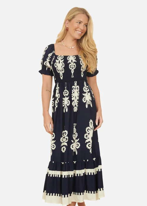 Yumi Navy Block Print Viscose Ruched Midi Dress - 10 Image 2
