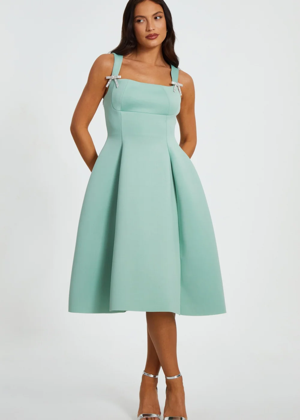 Quiz Sage Diamante Bow Midi Dress - 16 | Matalan Quiz Sage Diamante Bow Midi Dress - 16 | Matalan
