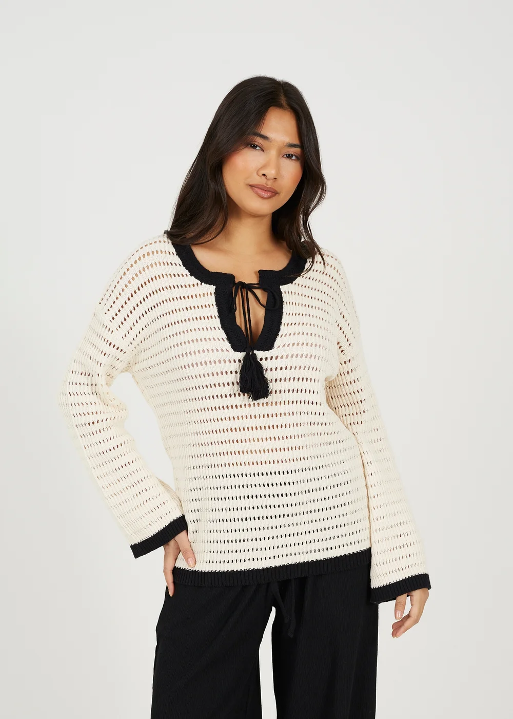 Brave Soul Cream Loose Knit V Neck Jumper - L Image 1