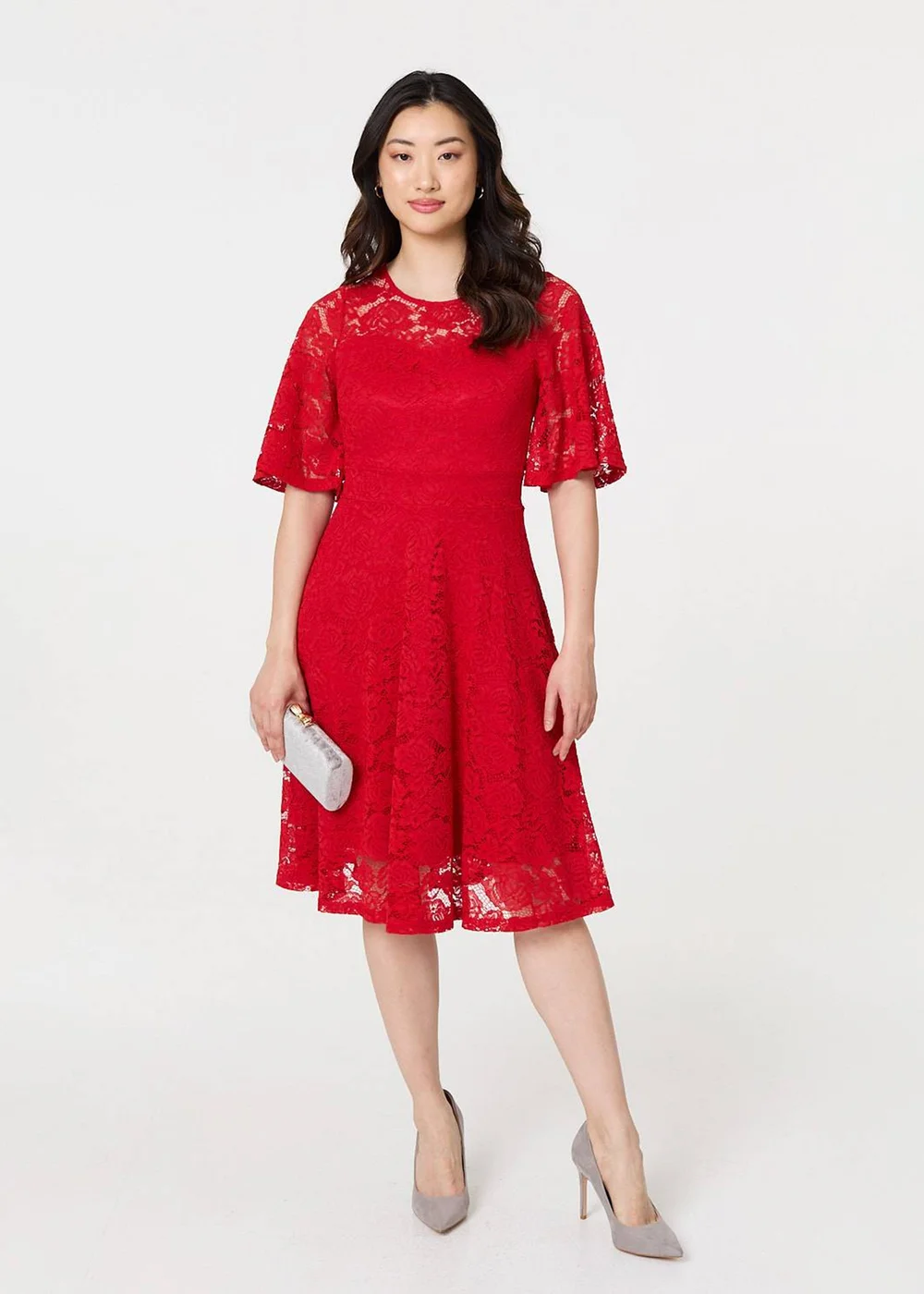 Izabel London Red Lace Overlay Knee Length Skater Dress - 8 | Matalan Izabel London Red Lace Overlay Knee Length Skater Dress - 8 | Matalan