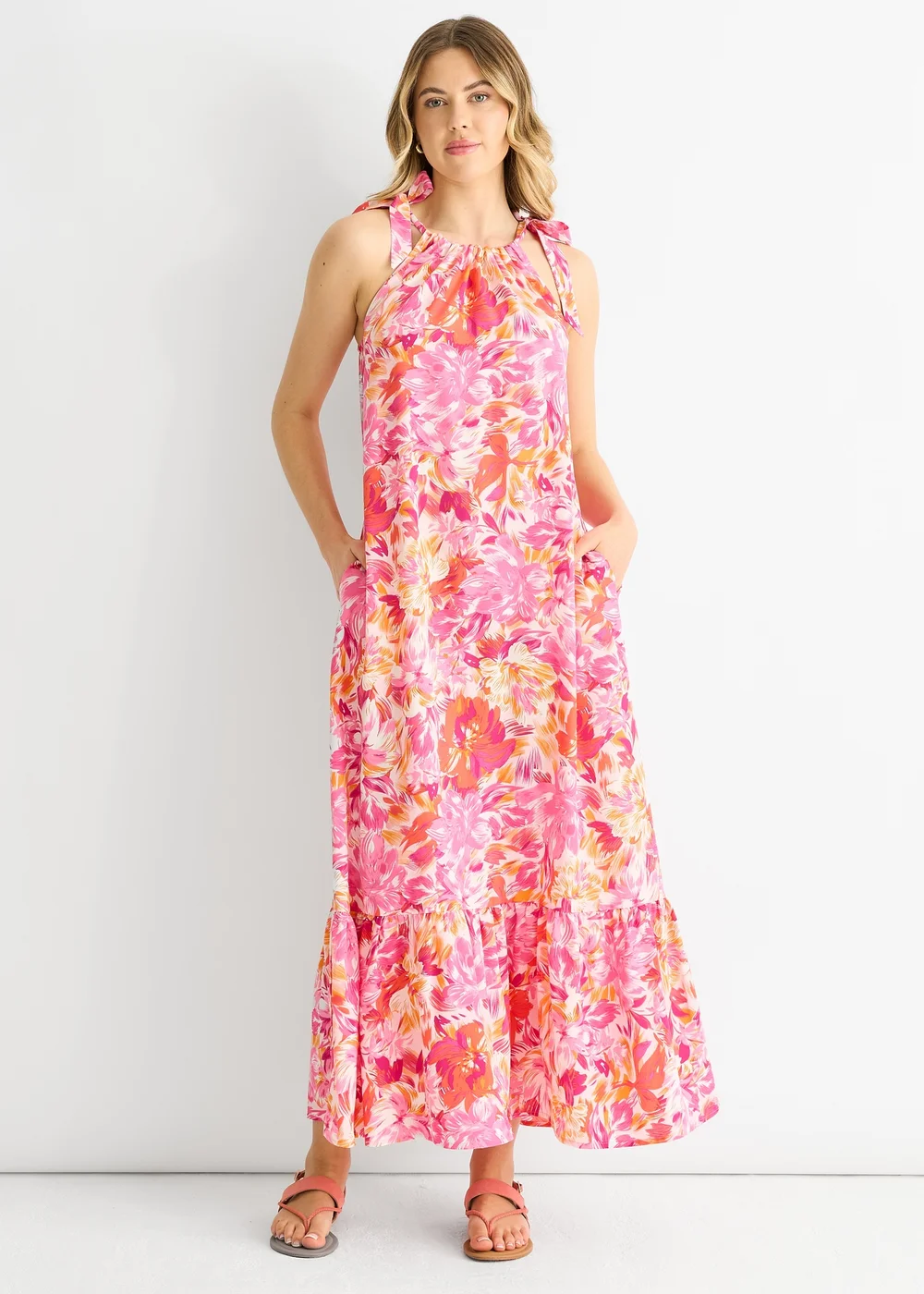 Gini London Red Floral Tie Straps Trapeze Dress - S/M Image 1