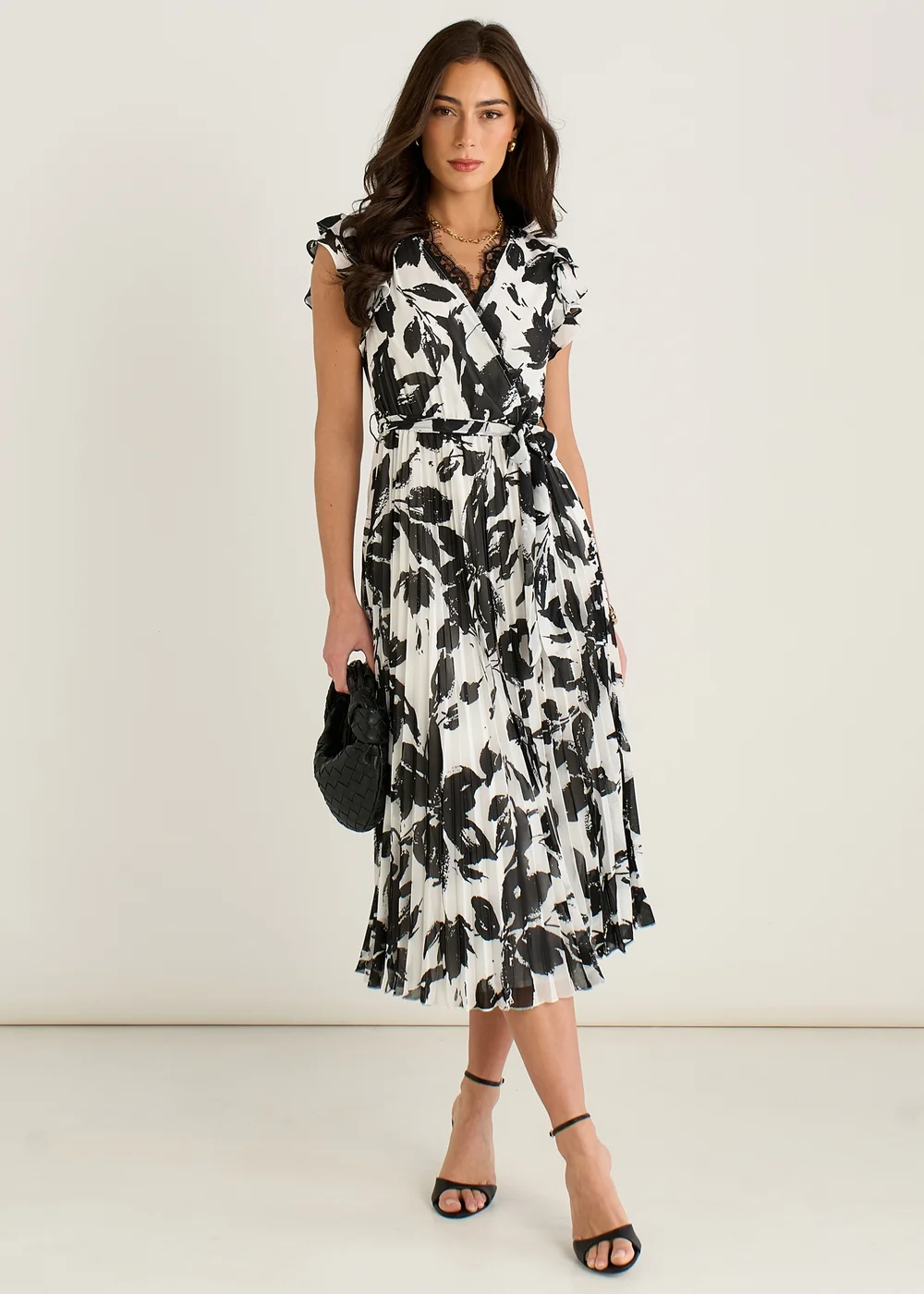 Gini London Black/White Lace Trim Mono Pleated Wrap Midi Dress - 10 | Matalan Gini London Black/White Lace Trim Mono Pleated Wrap Midi Dress - 10 | Matalan