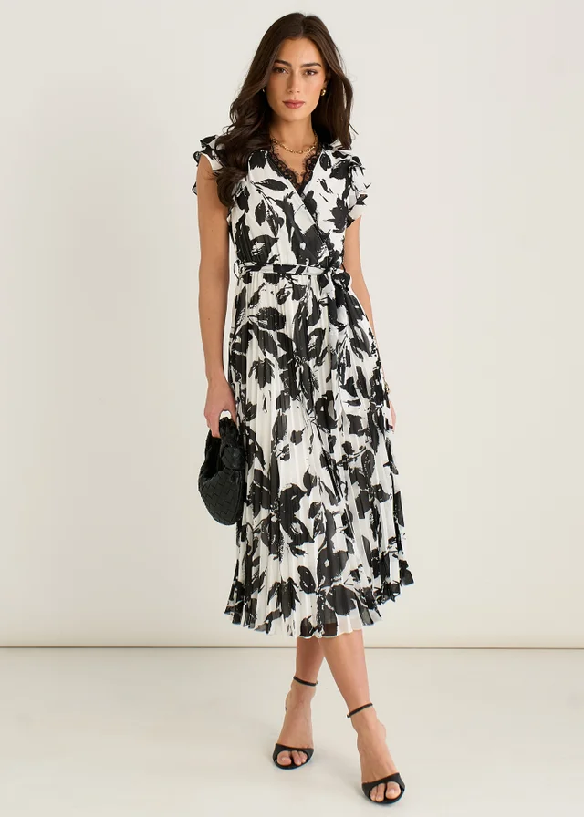 Gini London Black/White Lace Trim Mono Pleated Wrap Midi Dress