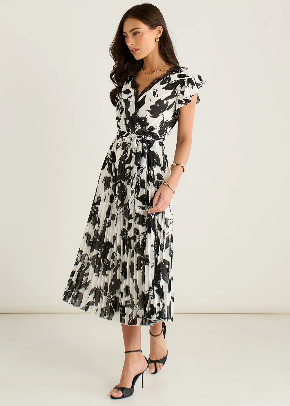 Gini London Black/White Lace Trim Mono Pleated Wrap Midi Dress - 10 Image 4