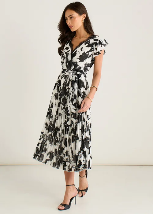 Gini London Black/White Lace Trim Mono Pleated Wrap Midi Dress - 10 Image 4