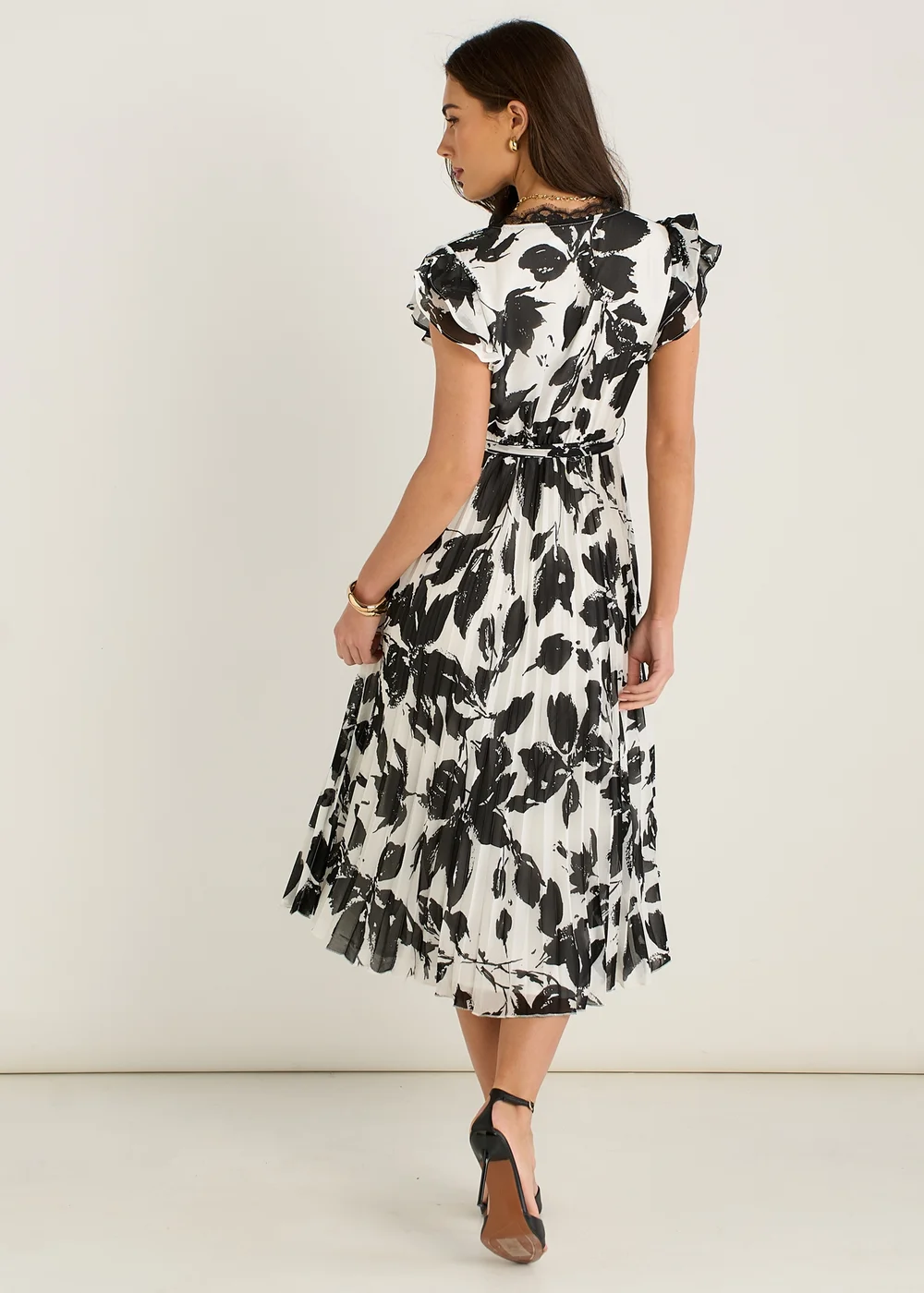 Gini London Black/White Lace Trim Mono Pleated Wrap Midi Dress - 10 Image 2