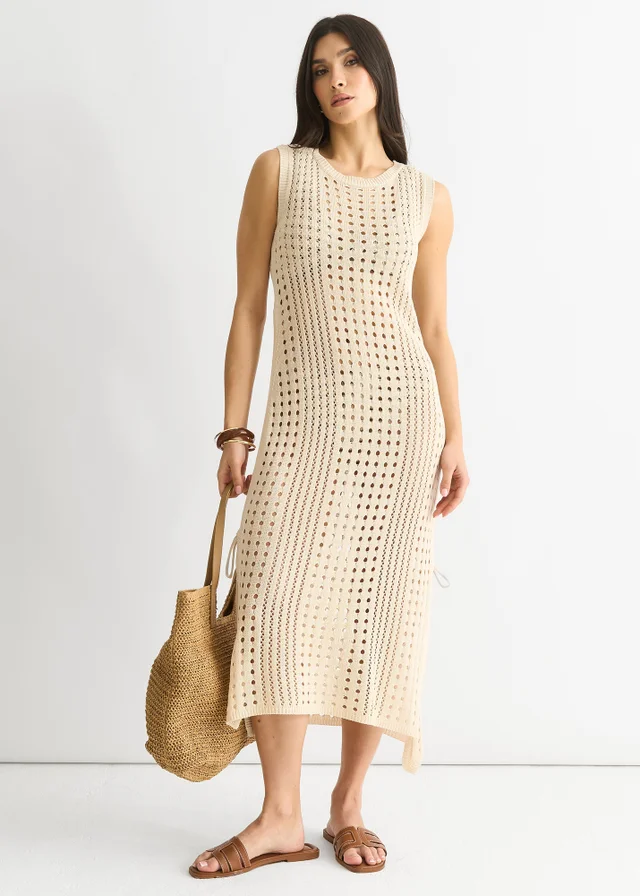Gini London Beige Crochet Knit Bodycon Midi Dress