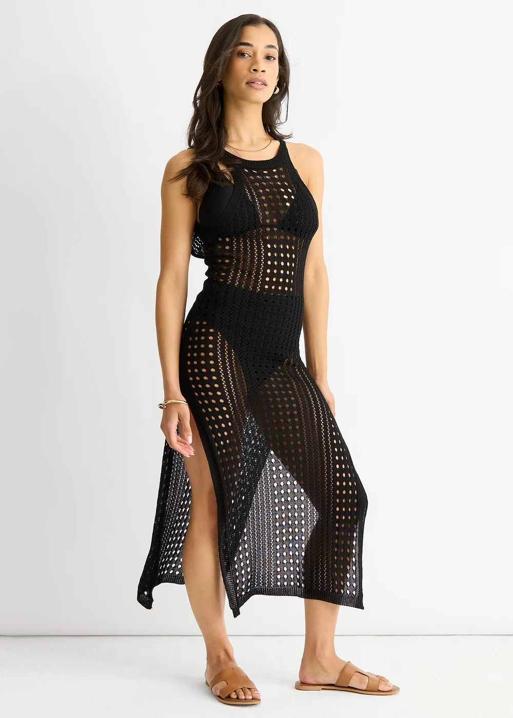 Gini London Black Crochet Knit Bodycon Slit Dress - Size 8 Image 4